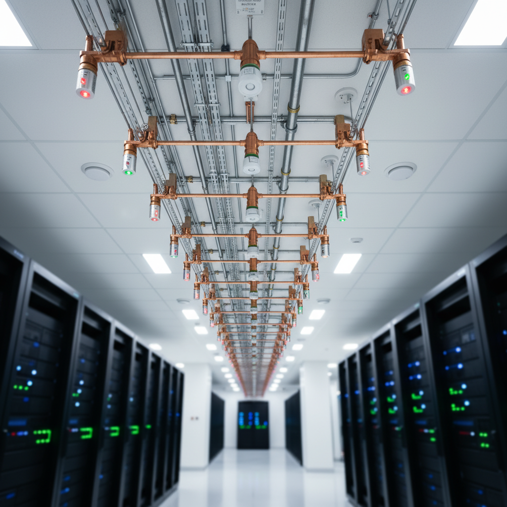 Clean-agent fire suppression nozzles above data center server rows