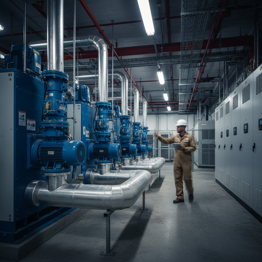 Mechanical contractor inspecting chilled-water plant serving a data center