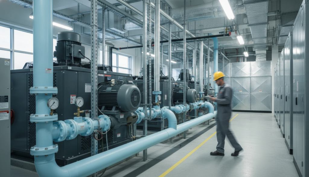 Mechanical contractor inspecting chilled-water plant serving a data center
