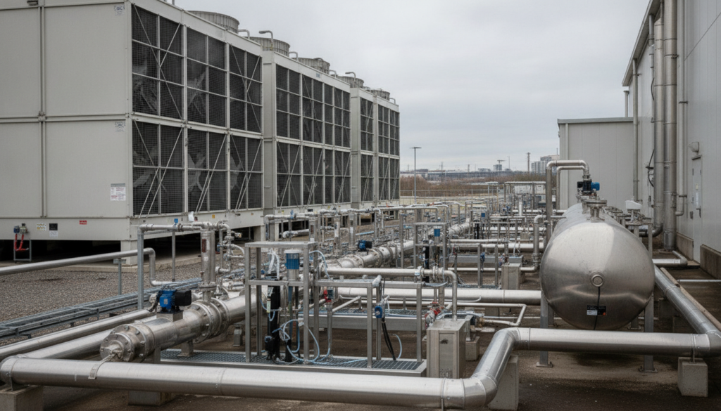 Water Treatment Is Becoming Its Own Contract Line on Data Center Builds Wide documentary photograph of an outdoor industrial water treatment skid with pipes, tanks, and chemical dosing equipment beside a data center cooling tower array, overcast afternoon light, no people, no text
